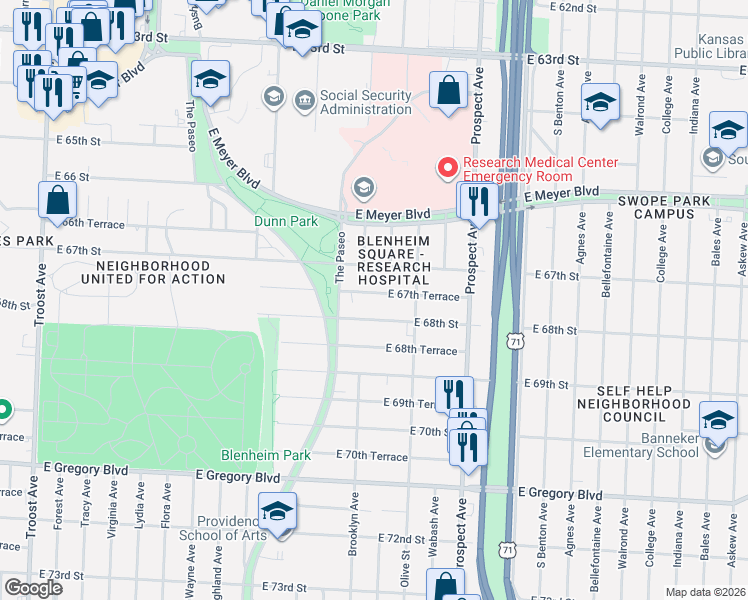 map of restaurants, bars, coffee shops, grocery stores, and more near 2220 East 67th Terrace in Kansas City