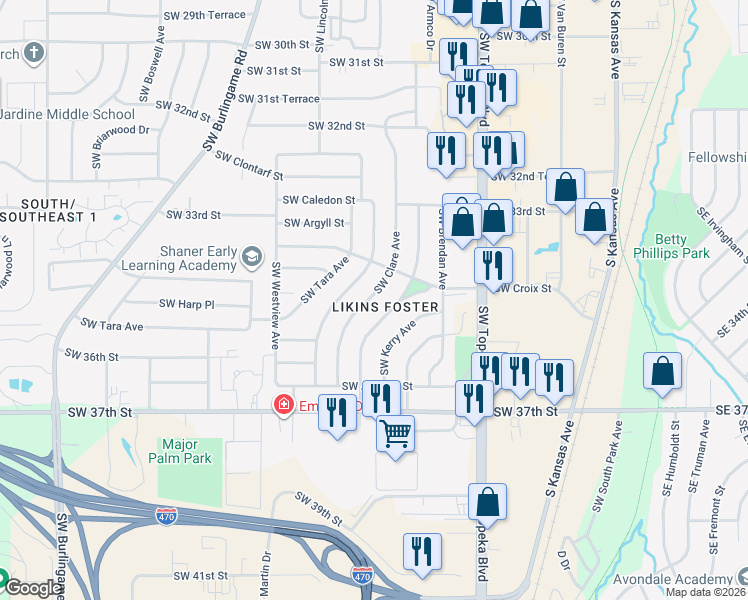 map of restaurants, bars, coffee shops, grocery stores, and more near in Topeka