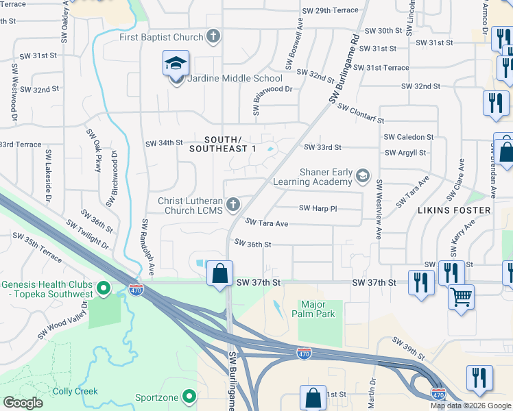 map of restaurants, bars, coffee shops, grocery stores, and more near 3426 Southwest Burlingame Road in Topeka