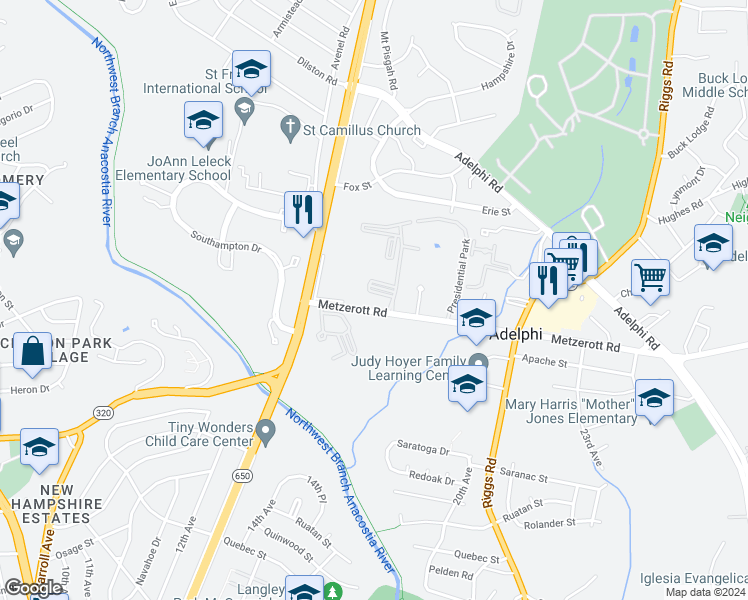 map of restaurants, bars, coffee shops, grocery stores, and more near 1820 Metzerott Road in Adelphi