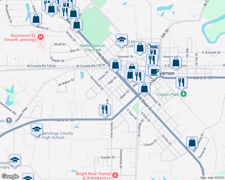 map of restaurants, bars, coffee shops, grocery stores, and more near 50 West Poplar Street in North Vernon