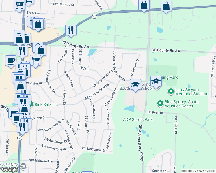 map of restaurants, bars, coffee shops, grocery stores, and more near 1308 Southeast Knightsbridge Street in Blue Springs
