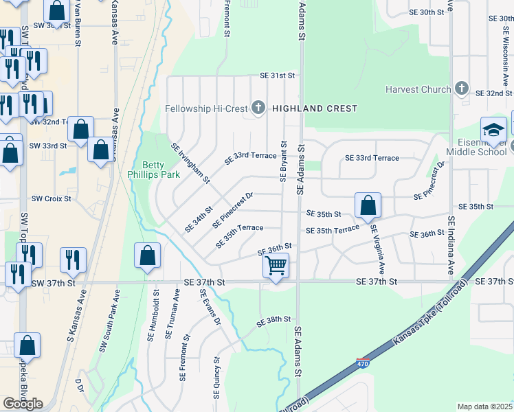 map of restaurants, bars, coffee shops, grocery stores, and more near 436 Southeast 35th Street in Topeka