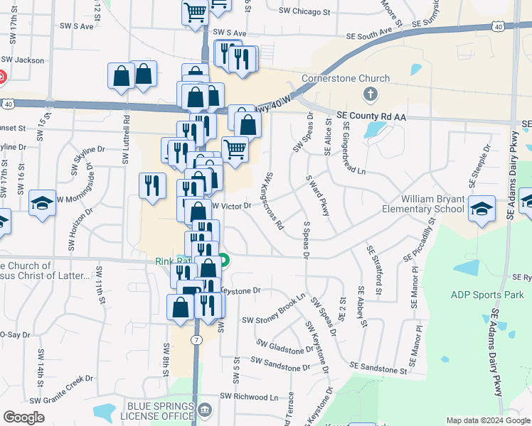 map of restaurants, bars, coffee shops, grocery stores, and more near 1205 Southwest Kingscross Road in Blue Springs