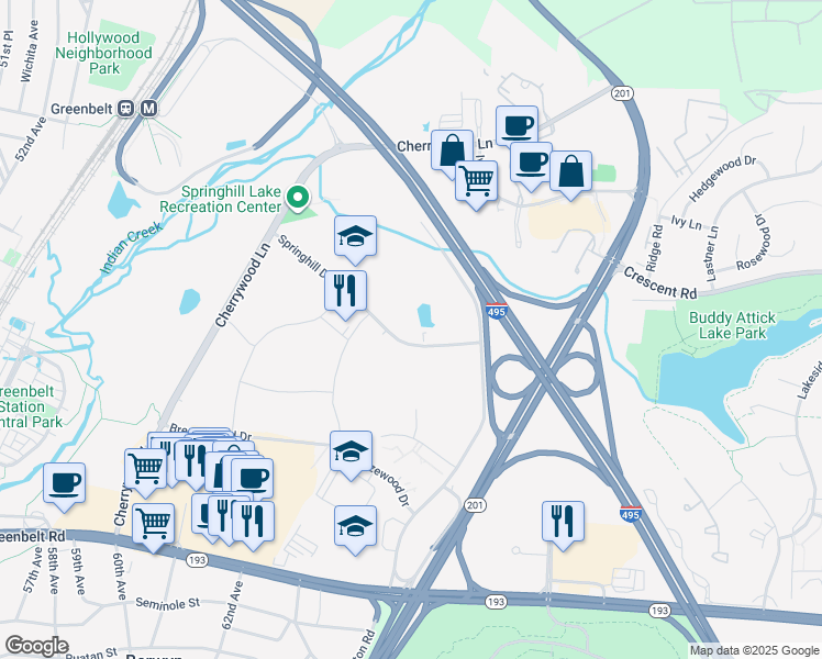 map of restaurants, bars, coffee shops, grocery stores, and more near 6204 Springhill Drive in Greenbelt