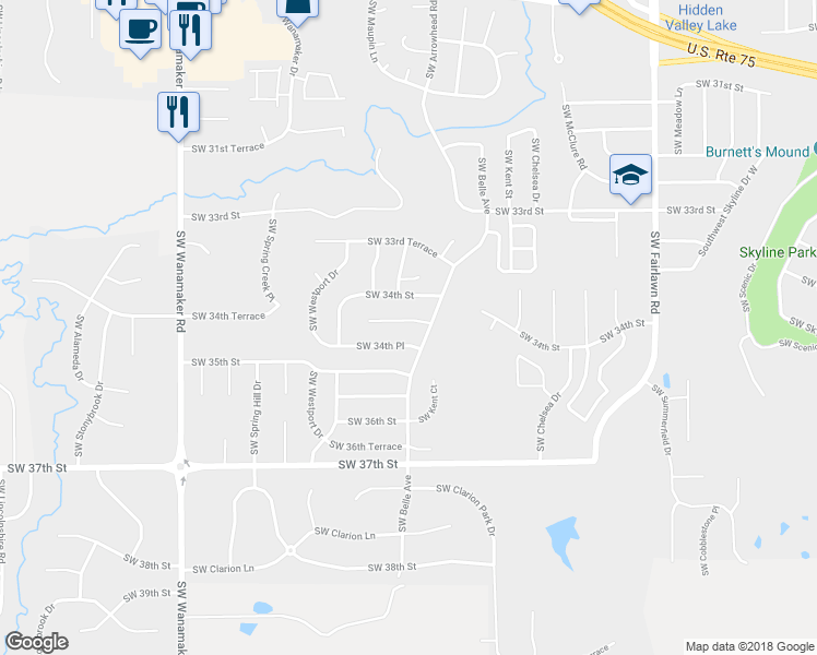 map of restaurants, bars, coffee shops, grocery stores, and more near 5613 Southwest 34th Terrace in Topeka