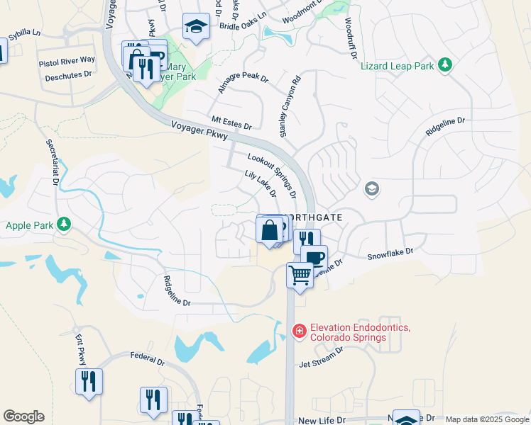 map of restaurants, bars, coffee shops, grocery stores, and more near 1641 Lily Lake Drive in Colorado Springs