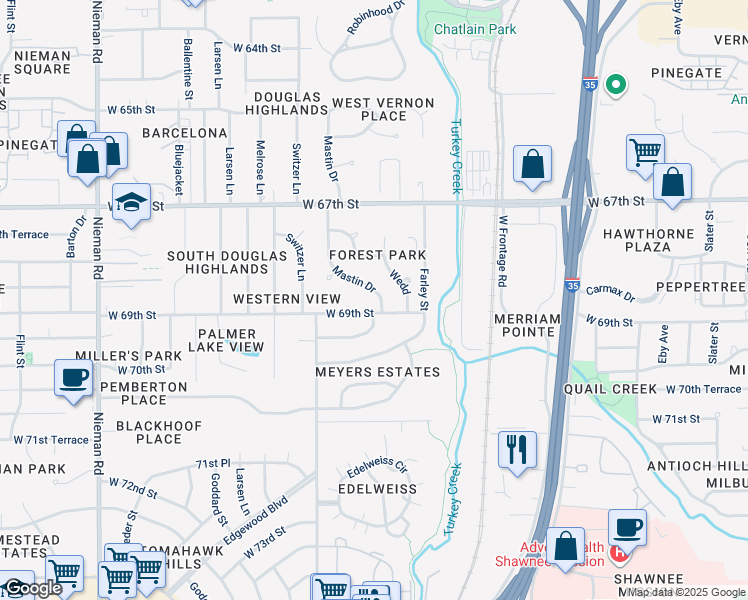 map of restaurants, bars, coffee shops, grocery stores, and more near 6864 Mastin Street in Shawnee