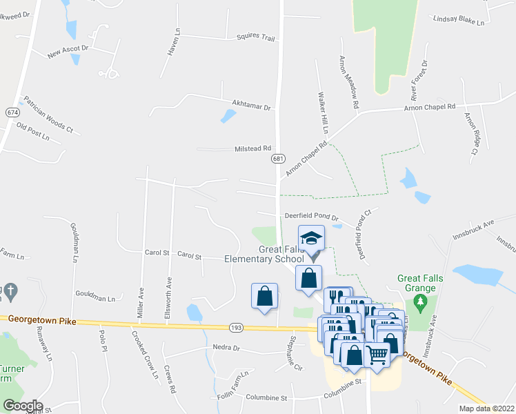 map of restaurants, bars, coffee shops, grocery stores, and more near 634 Walker Road in Great Falls