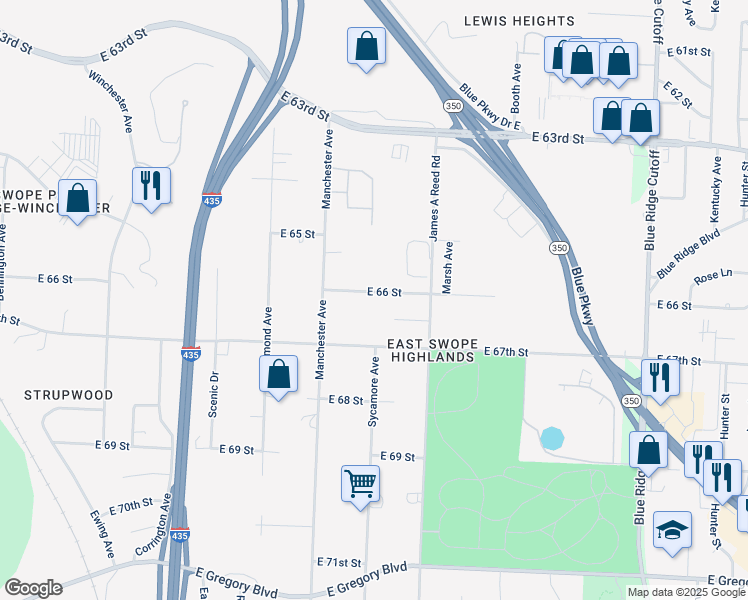 map of restaurants, bars, coffee shops, grocery stores, and more near 7979 East 66th Street in Kansas City