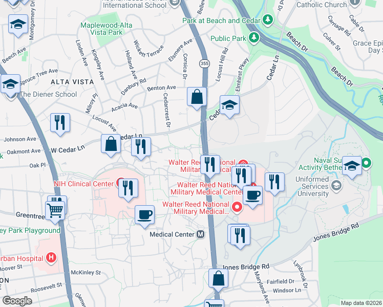 map of restaurants, bars, coffee shops, grocery stores, and more near East Dr in Bethesda