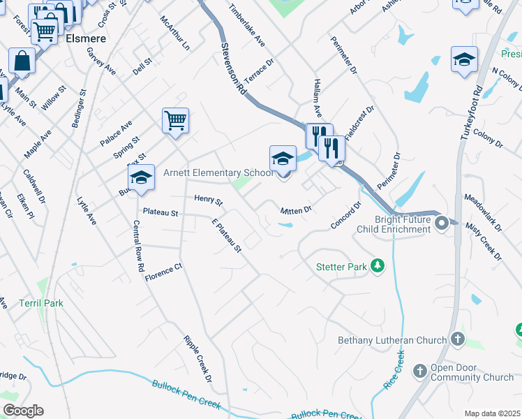 map of restaurants, bars, coffee shops, grocery stores, and more near 3655 Mitten Drive in Elsmere