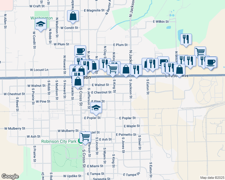 map of restaurants, bars, coffee shops, grocery stores, and more near 205 South King Street in Robinson