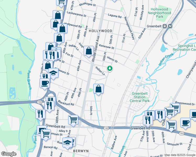map of restaurants, bars, coffee shops, grocery stores, and more near 5016 Delaware Place in College Park