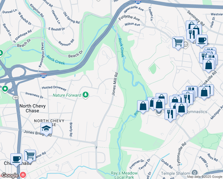 map of restaurants, bars, coffee shops, grocery stores, and more near 9100 Jones Mill Road in Chevy Chase