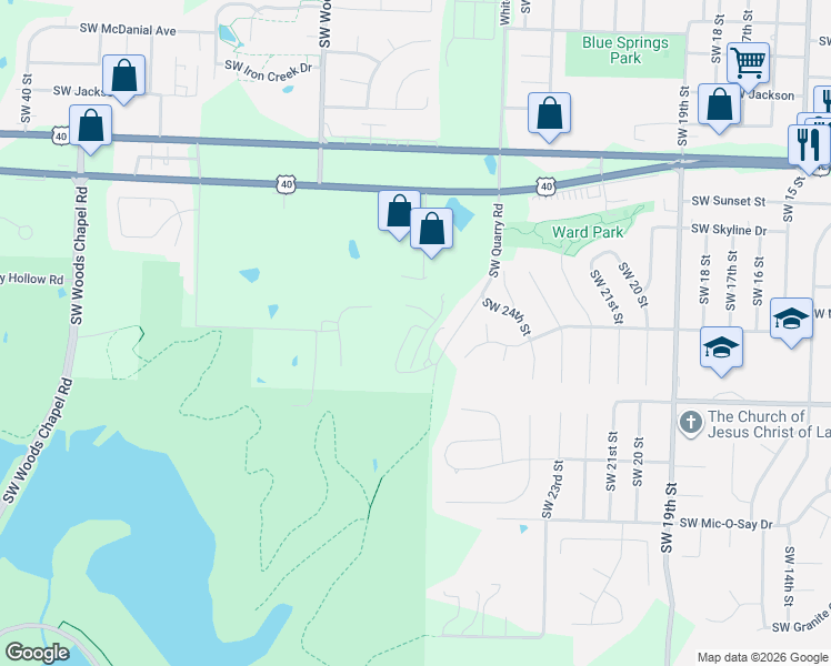 map of restaurants, bars, coffee shops, grocery stores, and more near 1201 Southwest Quarry Road in Blue Springs