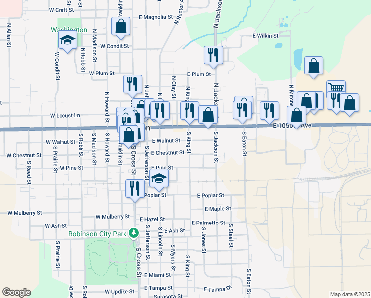 map of restaurants, bars, coffee shops, grocery stores, and more near 205 South King Street in Robinson