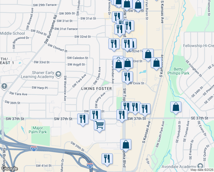 map of restaurants, bars, coffee shops, grocery stores, and more near 901 Southwest Croix Place in Topeka
