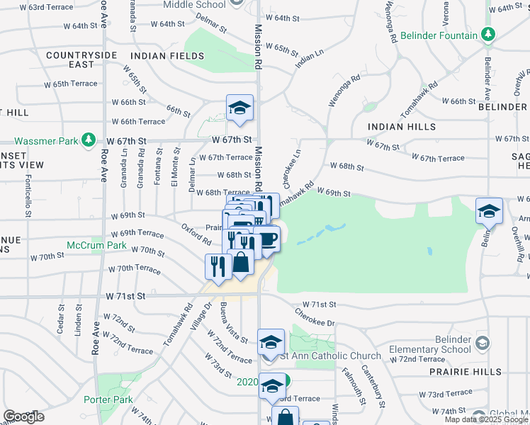 map of restaurants, bars, coffee shops, grocery stores, and more near 6900 Mission Road in Prairie Village
