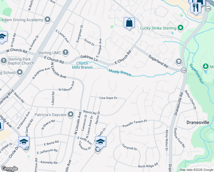 map of restaurants, bars, coffee shops, grocery stores, and more near 207 Amy Court in Sterling