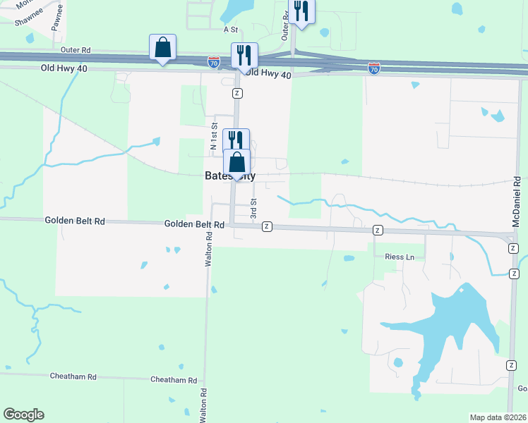 map of restaurants, bars, coffee shops, grocery stores, and more near 200 3rd Street in Bates City
