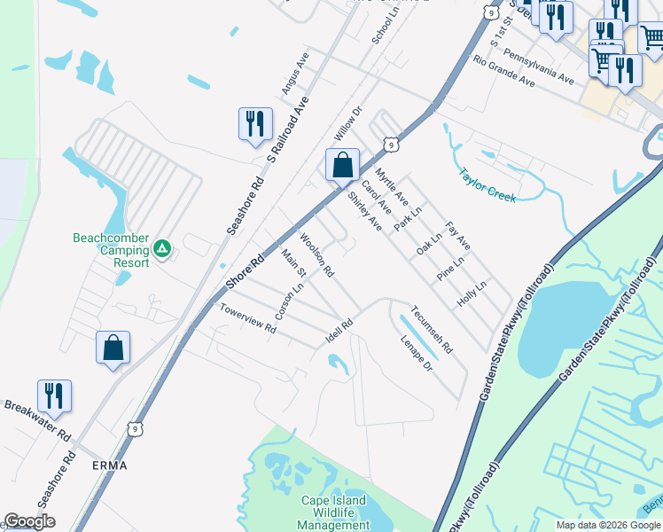 map of restaurants, bars, coffee shops, grocery stores, and more near 919 Woolson Road in Cape May