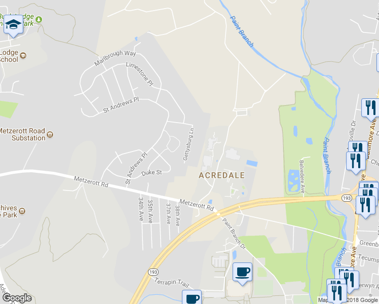 map of restaurants, bars, coffee shops, grocery stores, and more near 9007 Gettysburg Lane in College Park