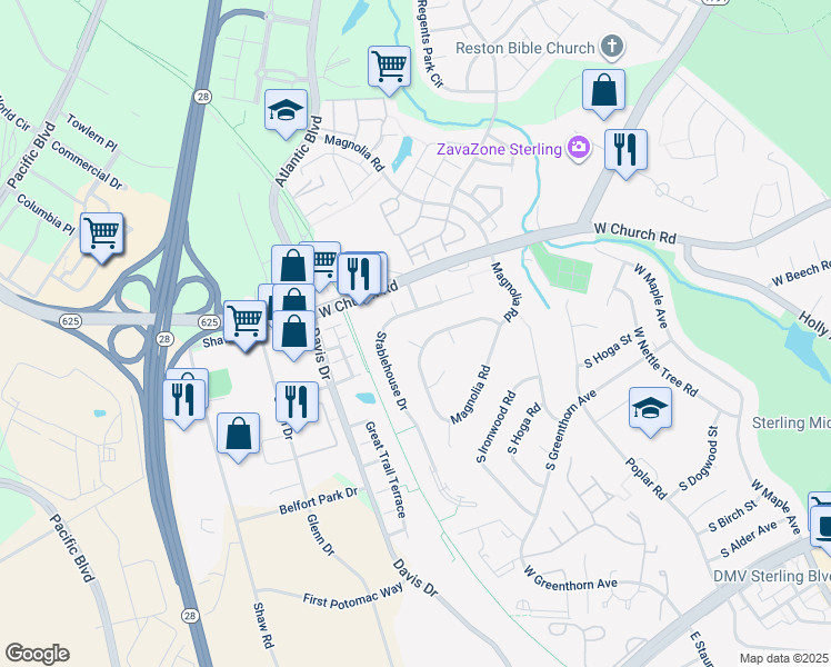 map of restaurants, bars, coffee shops, grocery stores, and more near 204 Nutmeg Court in Sterling