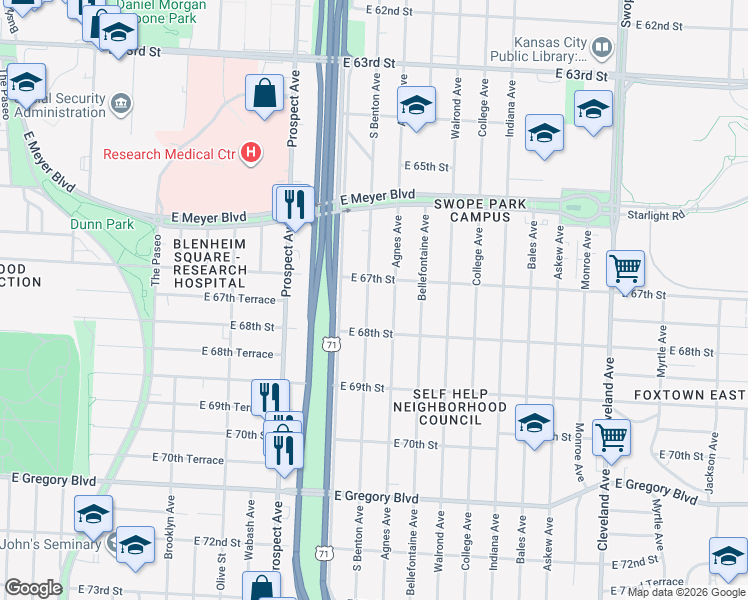 map of restaurants, bars, coffee shops, grocery stores, and more near 6712 Agnes Avenue in Kansas City