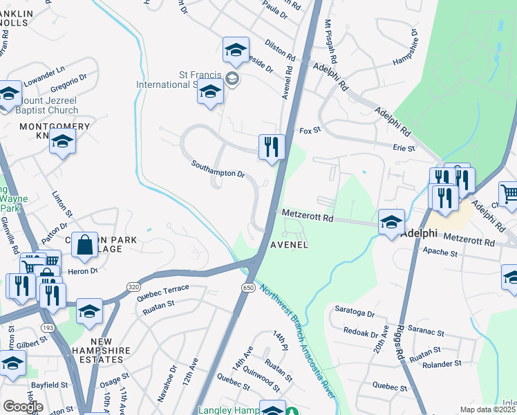 map of restaurants, bars, coffee shops, grocery stores, and more near 219 Southampton Drive in Silver Spring