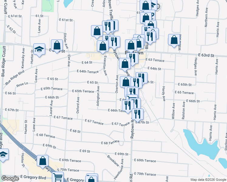 map of restaurants, bars, coffee shops, grocery stores, and more near 9702 East 65th Terrace in Raytown