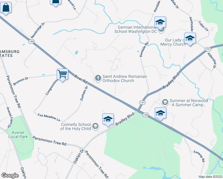 map of restaurants, bars, coffee shops, grocery stores, and more near 9101 River Road in Potomac
