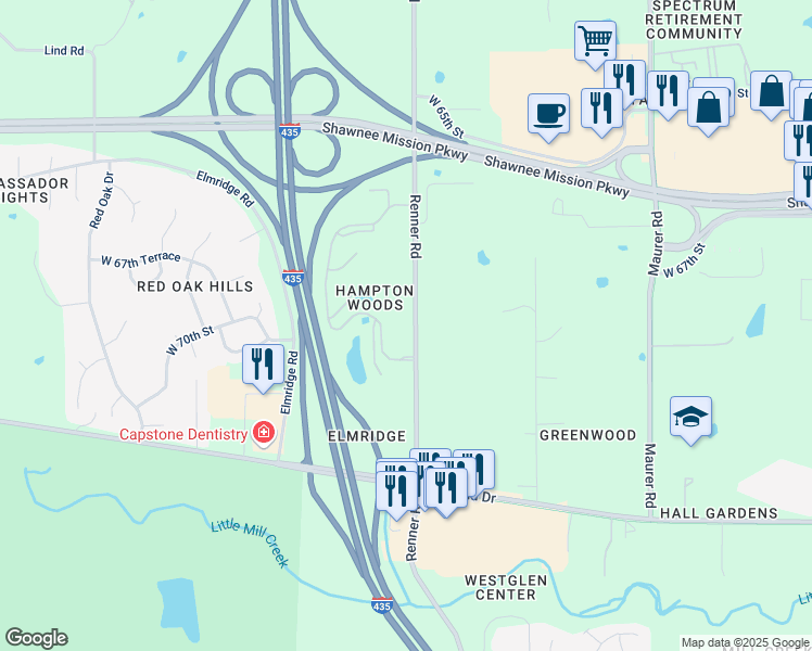map of restaurants, bars, coffee shops, grocery stores, and more near 6830 Renner Road in Shawnee