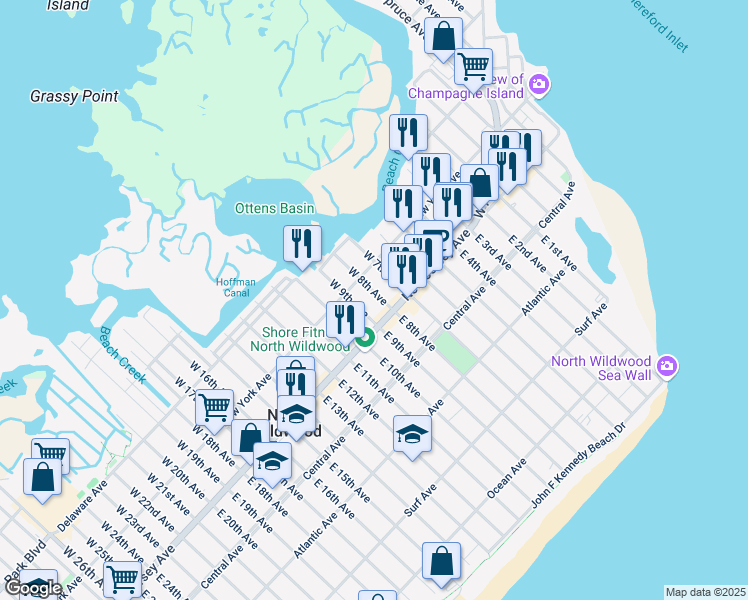 map of restaurants, bars, coffee shops, grocery stores, and more near 108 West 8th Avenue in North Wildwood
