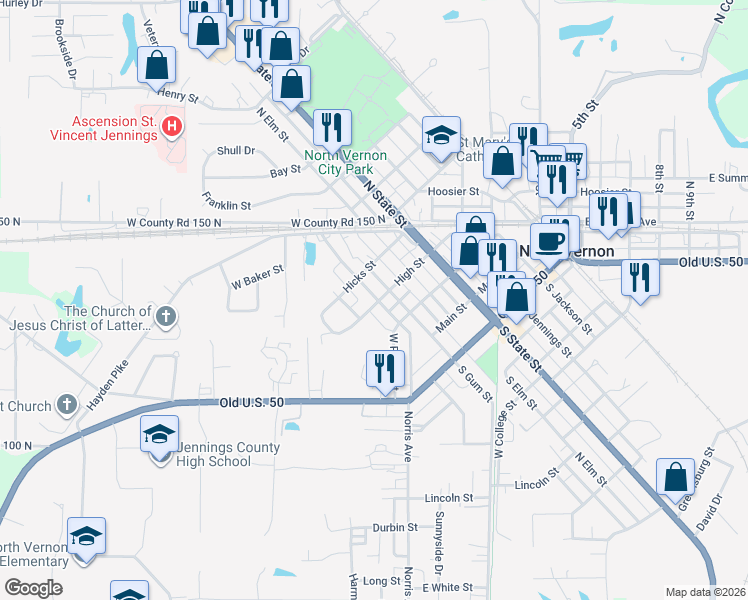 map of restaurants, bars, coffee shops, grocery stores, and more near 303 Stockwell Street in North Vernon