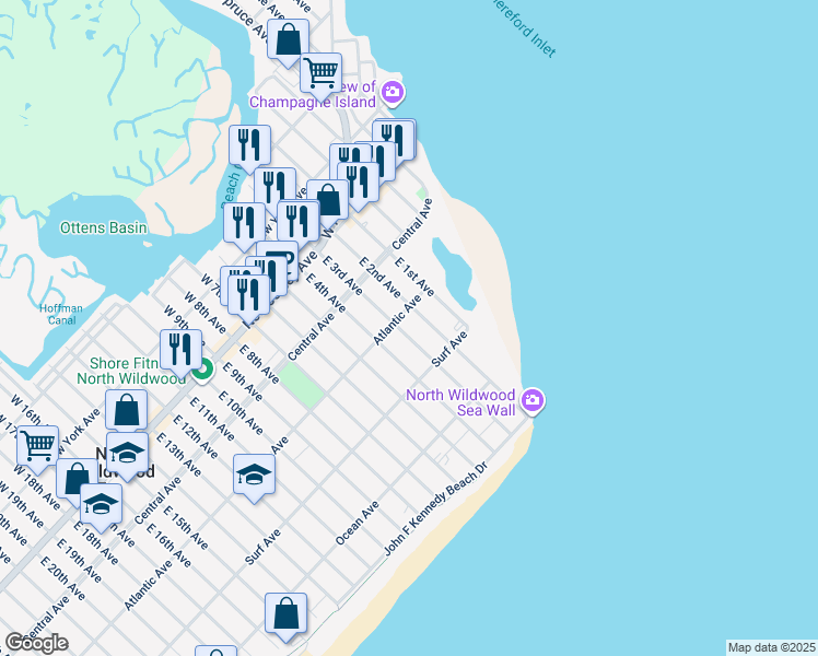 map of restaurants, bars, coffee shops, grocery stores, and more near 309 E 3rd Ave in North Wildwood