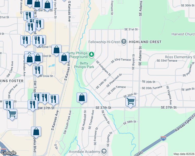 map of restaurants, bars, coffee shops, grocery stores, and more near 301 Southeast 33rd Terrace in Topeka