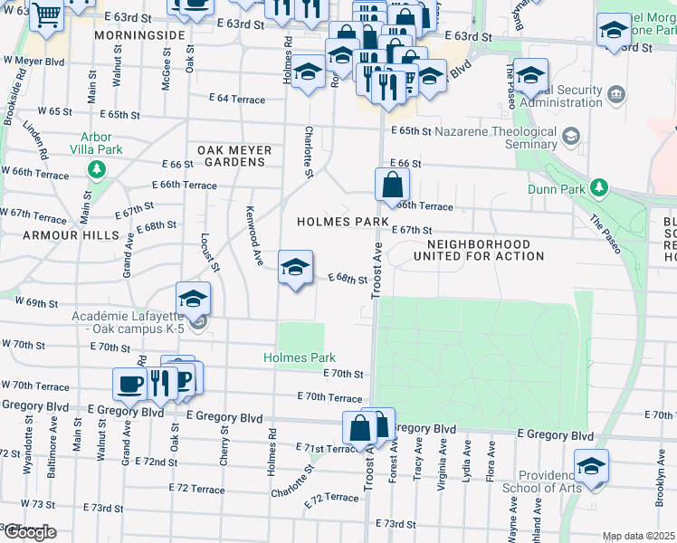 map of restaurants, bars, coffee shops, grocery stores, and more near 904 East 68th Street in Kansas City
