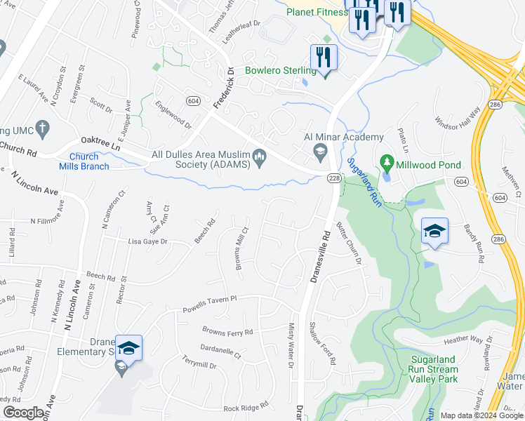 map of restaurants, bars, coffee shops, grocery stores, and more near 1365 Rock Chapel Road in Herndon