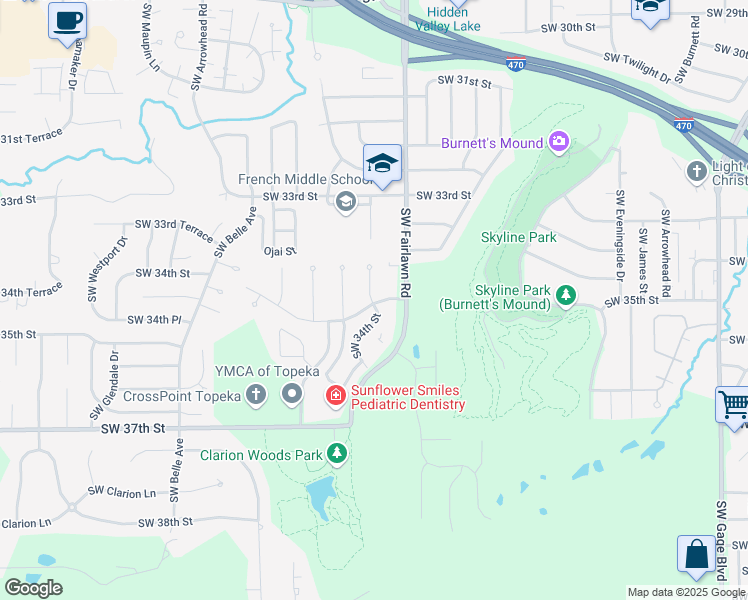 map of restaurants, bars, coffee shops, grocery stores, and more near 477 Southwest 34th Street in Topeka