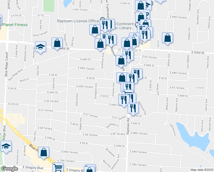 map of restaurants, bars, coffee shops, grocery stores, and more near 9702 East 65th Terrace in Raytown