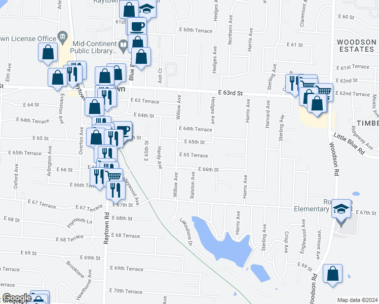 map of restaurants, bars, coffee shops, grocery stores, and more near 10508 East 65 Terrace in Raytown