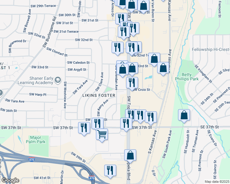 map of restaurants, bars, coffee shops, grocery stores, and more near 901 Southwest Croix Place in Topeka