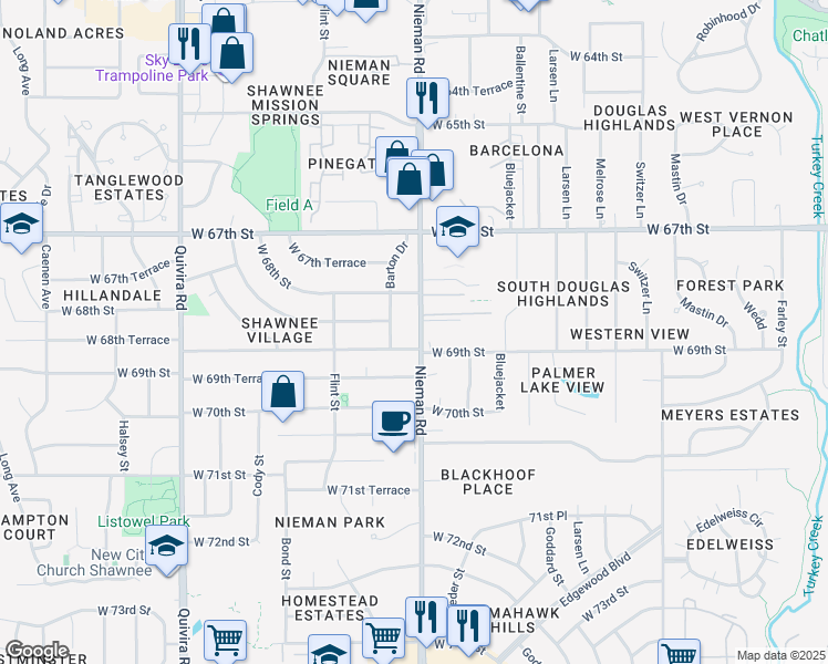 map of restaurants, bars, coffee shops, grocery stores, and more near 6830 Nieman Road in Shawnee