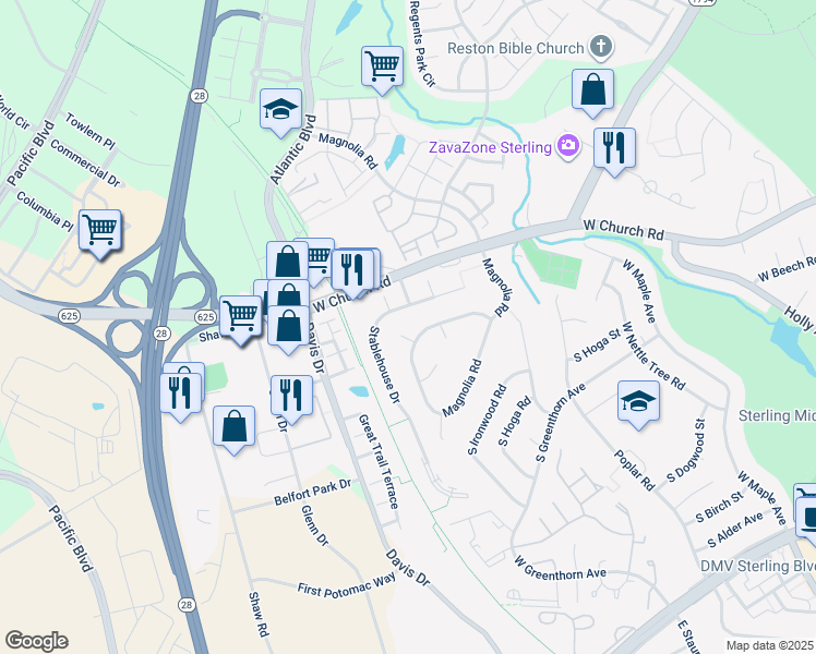 map of restaurants, bars, coffee shops, grocery stores, and more near 204 Nutmeg Court in Sterling