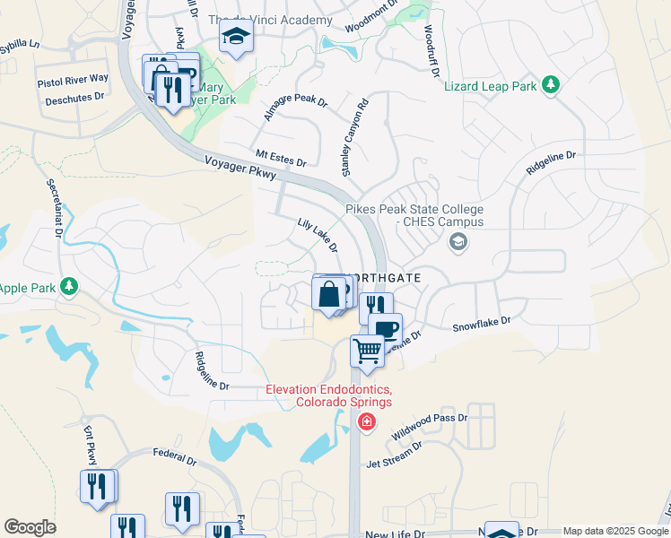 map of restaurants, bars, coffee shops, grocery stores, and more near 1641 Lily Lake Drive in Colorado Springs