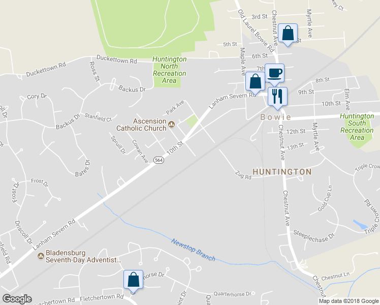 map of restaurants, bars, coffee shops, grocery stores, and more near 8410 Brady Avenue in Bowie