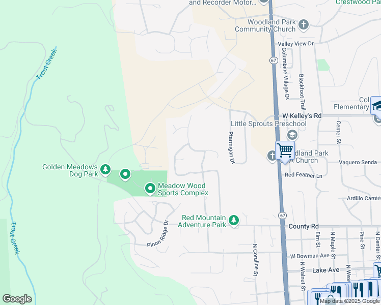 map of restaurants, bars, coffee shops, grocery stores, and more near 1247 Michael Ln in Woodland Park