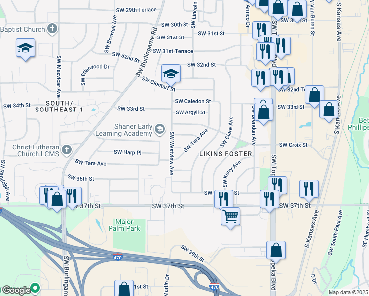 map of restaurants, bars, coffee shops, grocery stores, and more near 3483 Southwest Tara Avenue in Topeka