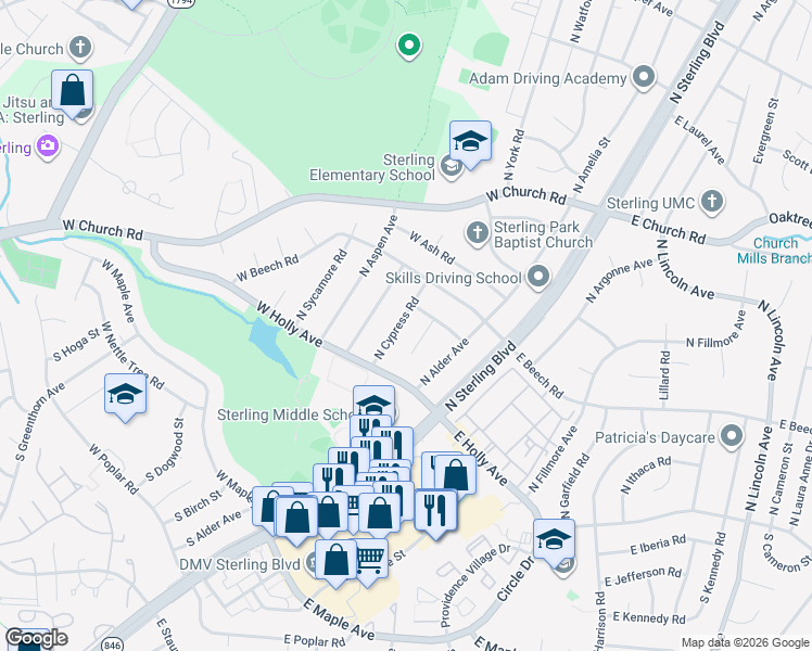 map of restaurants, bars, coffee shops, grocery stores, and more near 112 North Cypress Road in Sterling